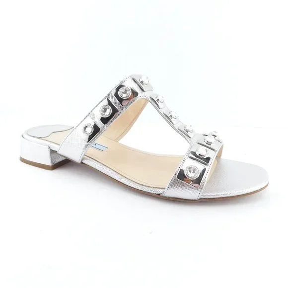 PRADA Crystal Embellished Silver Saffiano T-Strap Block Heel Slide Sandals 37.5 - Picture 2 of 10
